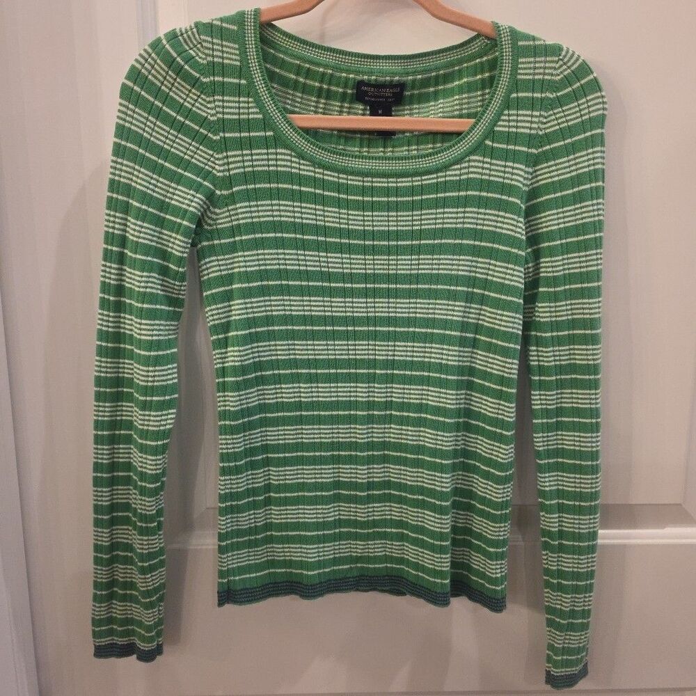 AMERICAN EAGLE Vtg Y2K Kelly Green Striped Ribbed Preppy Top Sz‎ M Bella Swan